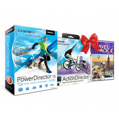 CyberLink PowerDirector 15 Ultra + bonus ActionDirector 1 + Travel Pack 4                    